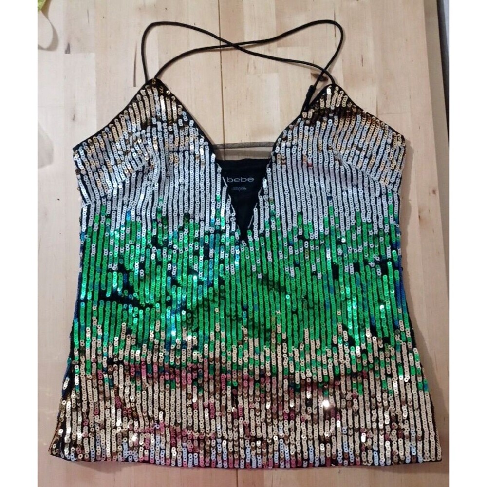 BEBE Multicolor Sequin Cross Spagetty starp tank top Size 6